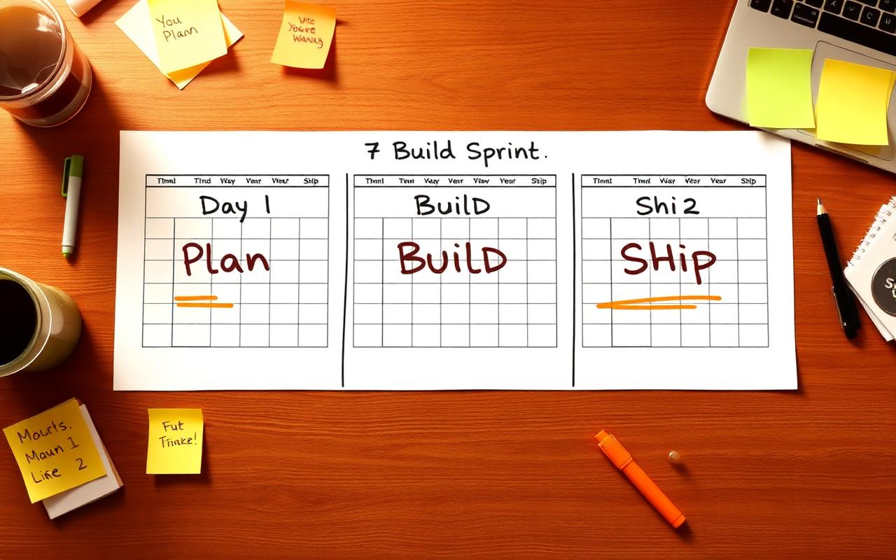 The 7-day Plan, Build, Ship arc laid out on paper