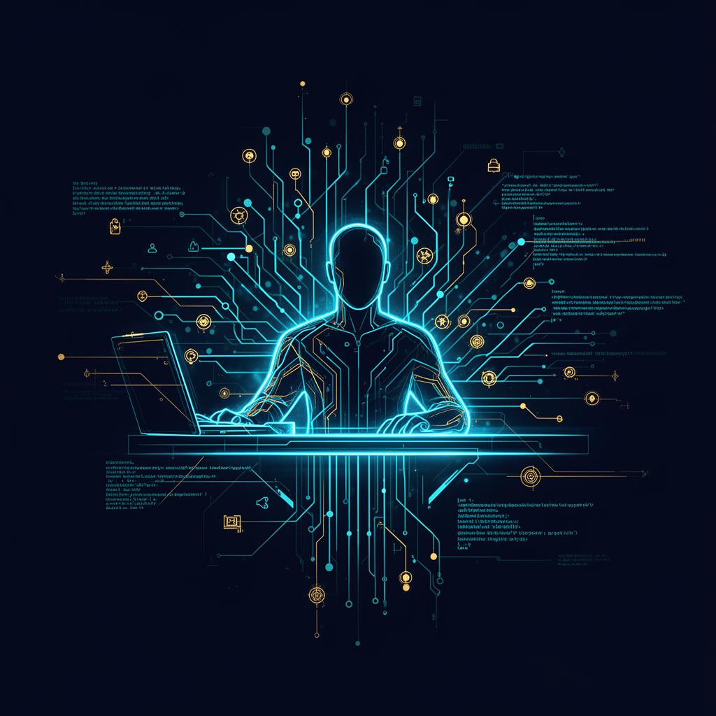 Abstract illustration of an operator at a workstation surrounded by neural-network lines and data streams